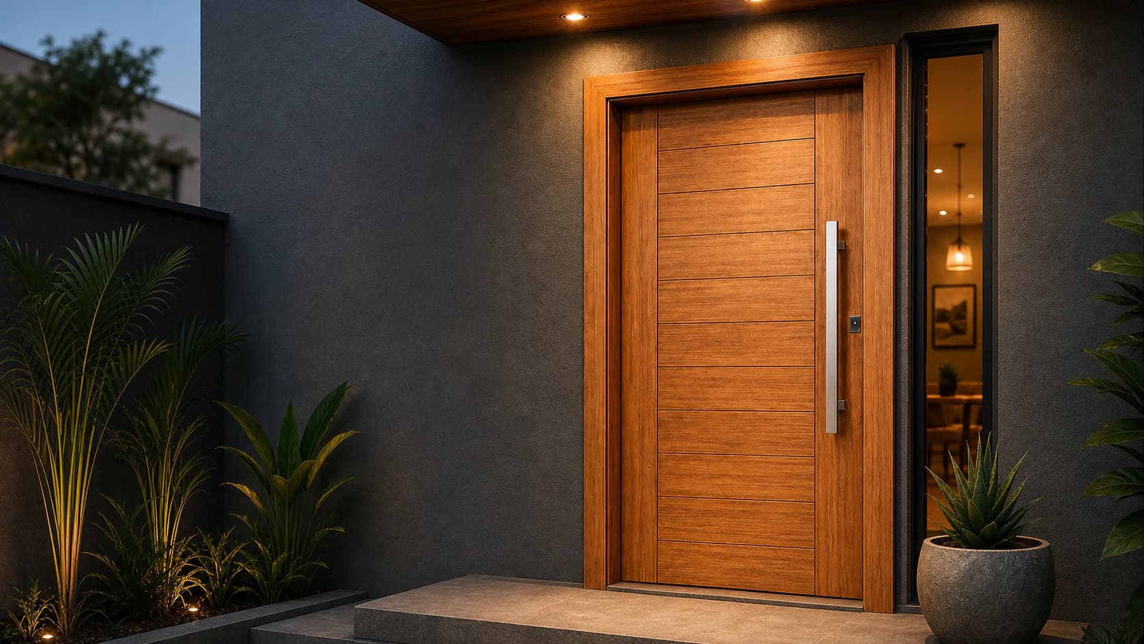 Entrada contemporânea com porta de madeira, puxador vertical e painel lateral de vidro